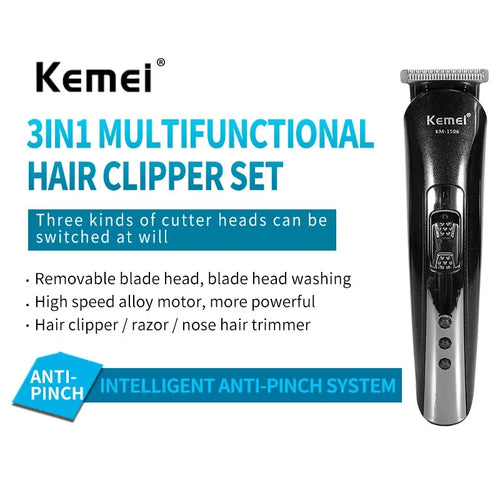 Kemei KM-1506 Electric Shaver for Men – 3-in-1 USB Rechargeable Beard & Hair Trimmer Grooming Kit