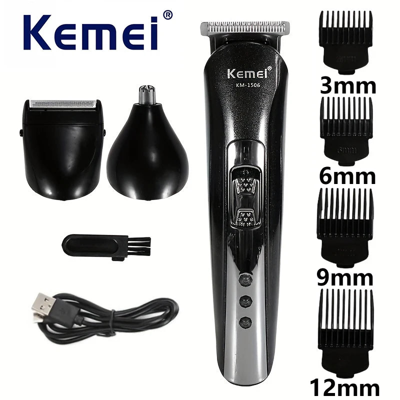 Kemei KM-1506 Electric Shaver for Men – 3-in-1 USB Rechargeable Beard & Hair Trimmer Grooming Kit