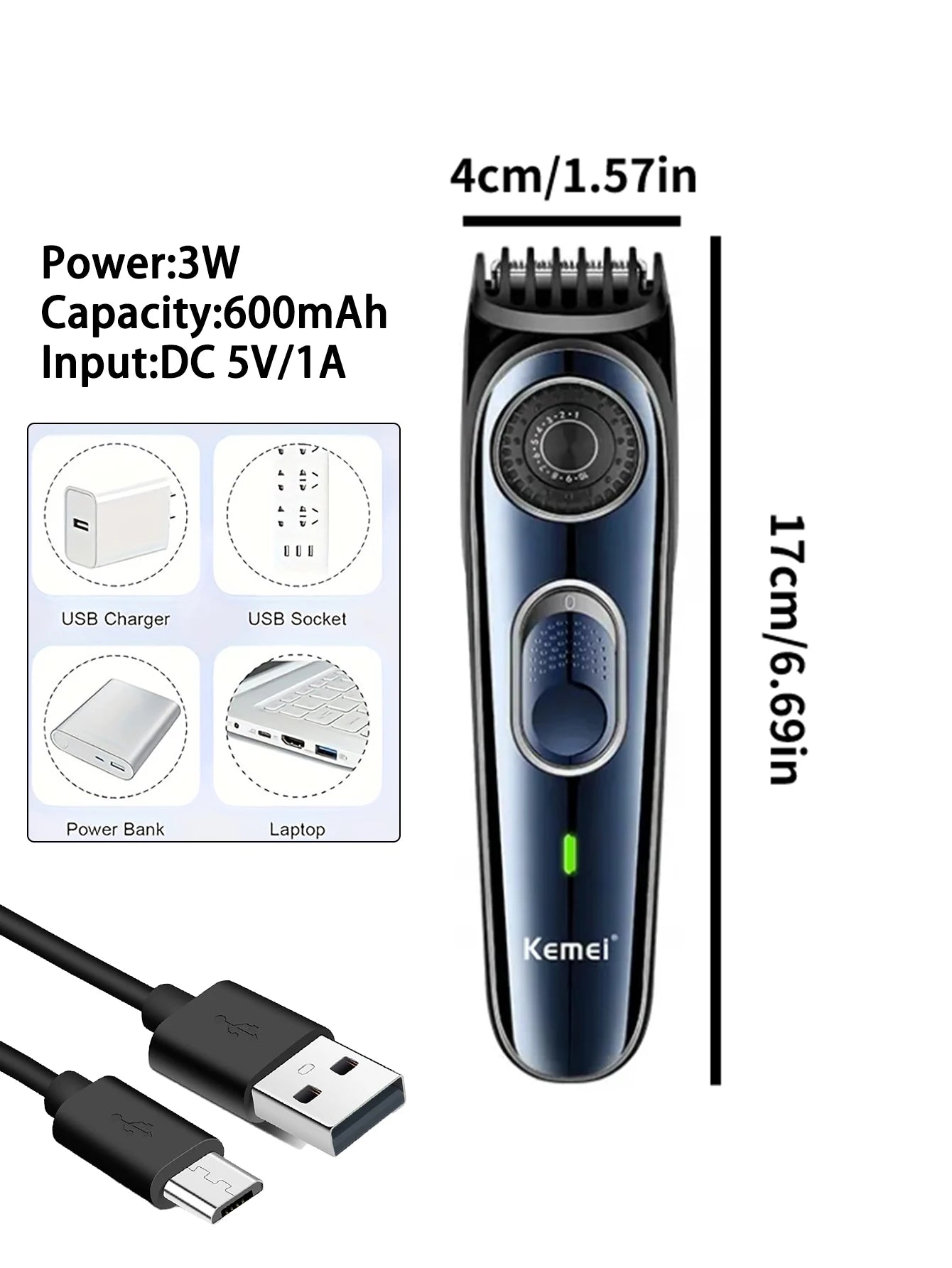 Kemei KM-1256 Waterproof USB Rechargeable Cordless Hair Trimmer – Professional Beard & Hair Clipper for Men