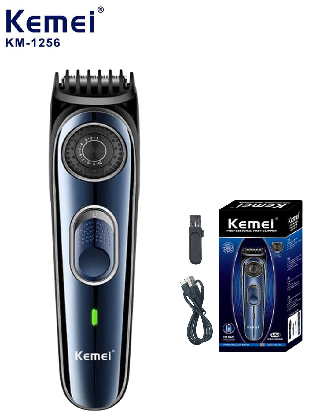 Kemei KM-1256 Waterproof USB Rechargeable Cordless Hair Trimmer – Professional Beard & Hair Clipper for Men