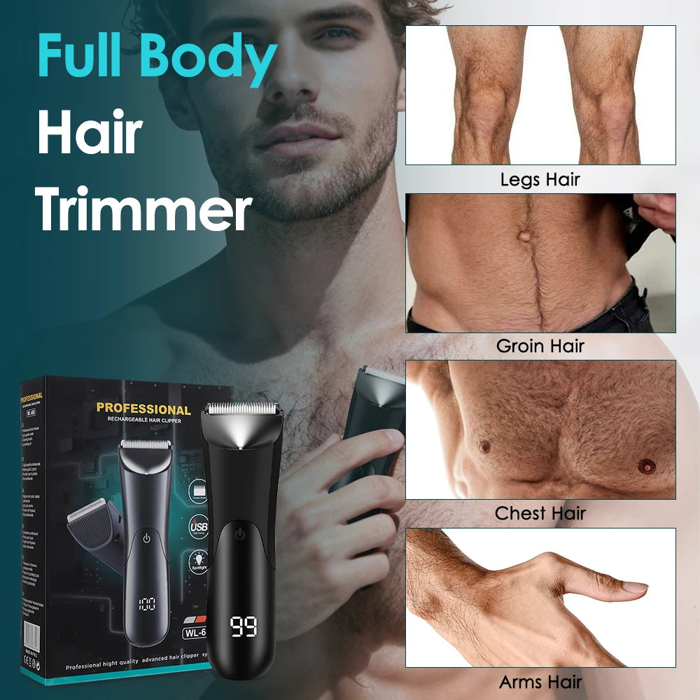 Electric Body Hair Trimmer for Men – Waterproof Rechargeable Full Body Groomer with Skin-Safe Precision Blades