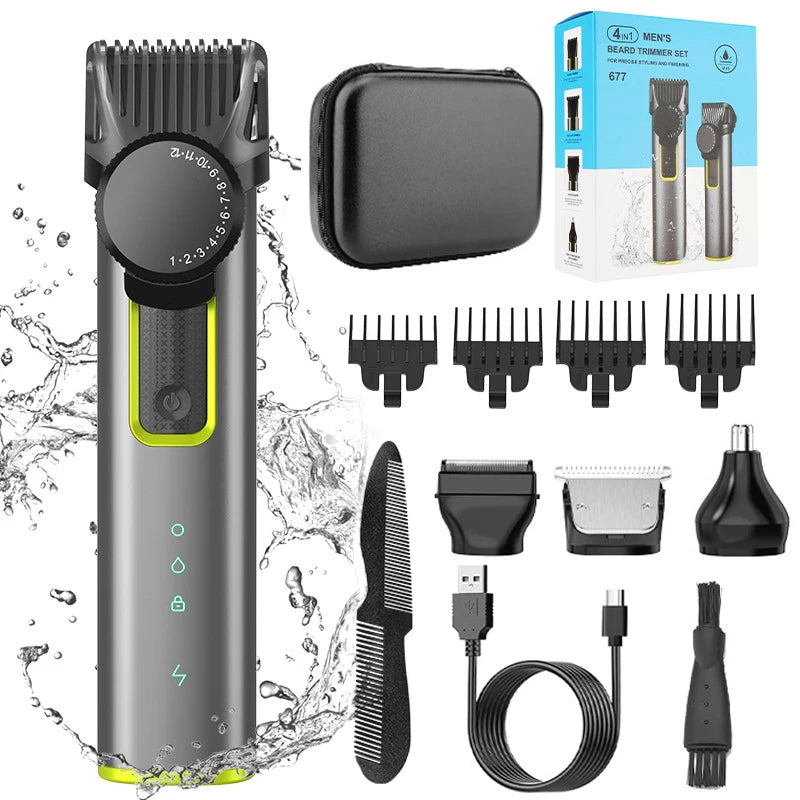 Professional Waterproof Beard Trimmer for Men – Cordless Rechargeable Hair Clipper Kit with Adjustable Guards